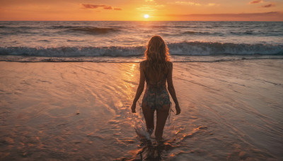 1girl, solo, long hair, dress, standing, swimsuit, outdoors, sky, cloud, water, from behind, ocean, beach, scenery, wading, sunset, sun, horizon, waves