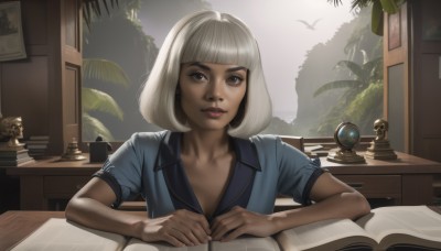 1girl,solo,looking at viewer,smile,short hair,bangs,shirt,brown eyes,jewelry,closed mouth,collarbone,upper body,white hair,short sleeves,grey hair,earrings,parted lips,day,collared shirt,artist name,indoors,signature,dark skin,blunt bangs,medium hair,nail polish,dark-skinned female,tree,puffy short sleeves,lips,fingernails,book,eyelashes,makeup,bird,table,bob cut,blue shirt,plant,lipstick,desk,open book,realistic,nose,palm tree,sitting,sunlight,globe