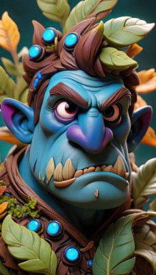 solo,looking at viewer,brown hair,hair ornament,red eyes,1boy,brown eyes,closed mouth,male focus,teeth,pointy ears,colored skin,leaf,fangs,scar,thick eyebrows,portrait,scar on face,blue skin,green skin,mohawk,tusks,short hair,facial hair,realistic,nose,mustache