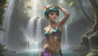 1girl,solo,breasts,looking at viewer,smile,short hair,bangs,hair ornament,navel,bare shoulders,brown eyes,jewelry,closed mouth,blue hair,standing,collarbone,earrings,small breasts,outdoors,green hair,day,midriff,armpits,water,necklace,stomach,black eyes,arm up,bracelet,tree,lips,aqua hair,sunlight,tiara,feathers,plant,gem,nature,pendant,forest,light rays,realistic,nose,feather hair ornament,hand on own head,waterfall,parted lips,leaf