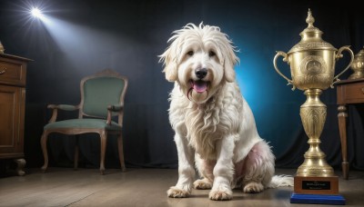 HQ,solo,open mouth,sitting,full body,tongue,indoors,tongue out,no humans,animal,fangs,chair,table,dog,realistic,light,lamp,animal focus,spotlight,looking at viewer,signature,collar,pokemon (creature),sunlight,desk,light rays,wooden floor,white fur,phonograph