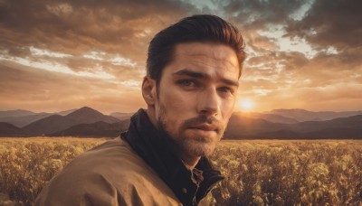 solo,looking at viewer,short hair,blue eyes,brown hair,shirt,black hair,1boy,jacket,upper body,male focus,outdoors,sky,collared shirt,cloud,black shirt,facial hair,scar,cloudy sky,portrait,scenery,beard,sunset,mountain,realistic,mustache,stubble,field,old,old man,flower,sunlight,scar on face