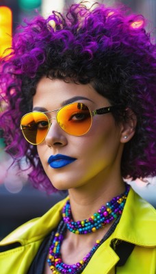 1girl,solo,looking at viewer,short hair,black hair,jewelry,jacket,purple hair,earrings,glasses,artist name,dark skin,necklace,blurry,black eyes,dark-skinned female,lips,makeup,blurry background,watermark,sunglasses,lipstick,portrait,curly hair,yellow jacket,tinted eyewear,purple lips,very dark skin,blue lips,afro,wavy hair,realistic,pearl necklace