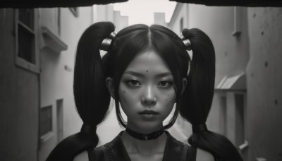 1girl,solo,long hair,looking at viewer,bangs,twintails,collarbone,monochrome,upper body,greyscale,parted lips,teeth,choker,artist name,blurry,collar,lips,parted bangs,blurry background,facial mark,portrait,freckles,realistic,nose,outdoors,shiny,black choker,building