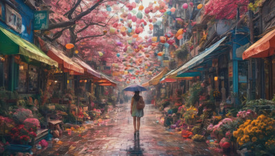 1girl, solo, long hair, skirt, black hair, holding, standing, flower, boots, outdoors, bag, from behind, tree, dutch angle, umbrella, backpack, plant, scenery, walking, lantern, holding umbrella, city, sign, road, street, paper lantern, shop, pavement, vanishing point