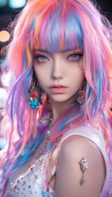 1girl,solo,long hair,breasts,looking at viewer,bangs,blue eyes,hair ornament,dress,cleavage,bare shoulders,jewelry,medium breasts,closed mouth,blue hair,upper body,pink hair,multicolored hair,earrings,sleeveless,artist name,blunt bangs,necklace,blurry,from side,two-tone hair,lips,streaked hair,grey eyes,eyelashes,makeup,depth of field,blurry background,expressionless,gem,eyeshadow,realistic,nose,eyeliner,bokeh,mascara,blonde hair,watermark,web address,pink lips