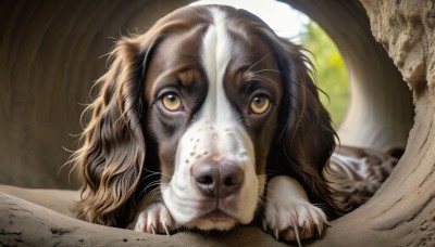 HQ,solo,looking at viewer,brown hair,yellow eyes,blurry,tree,no humans,blurry background,animal,cat,claws,realistic,animal focus,whiskers,sunlight,portrait,dog