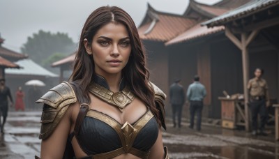 1girl,long hair,breasts,looking at viewer,large breasts,brown hair,cleavage,brown eyes,medium breasts,closed mouth,upper body,outdoors,multiple boys,solo focus,armor,blurry,lips,depth of field,blurry background,shoulder armor,pauldrons,realistic,bikini armor,day,cape,makeup,6+boys,architecture,east asian architecture,soldier