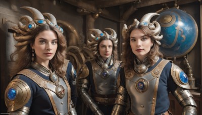 long hair,looking at viewer,multiple girls,brown hair,brown eyes,jewelry,closed mouth,upper body,earrings,horns,belt,indoors,3girls,armor,mole,lips,makeup,helmet,gauntlets,gem,curly hair,mirror,realistic,nose,red lips,fake horns,gorget,horned helmet,hair ornament,artist name,lipstick,headdress