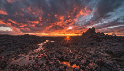 outdoors, sky, cloud, no humans, cloudy sky, scenery, sunset, rock, sun, horizon