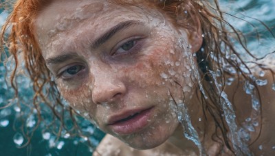 1girl,solo,long hair,looking at viewer,brown hair,1boy,brown eyes,male focus,parted lips,teeth,water,lips,wet,thick eyebrows,portrait,close-up,freckles,underwater,realistic,nose,wet hair,blue eyes,orange hair,blurry,eyelashes,floating hair,facial hair