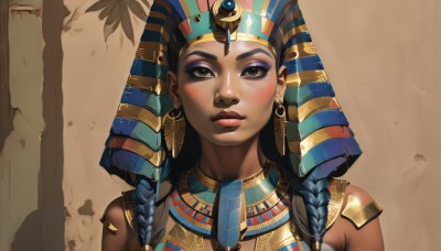 1girl,solo,long hair,looking at viewer,blush,black hair,bare shoulders,brown eyes,jewelry,closed mouth,blue hair,upper body,braid,multicolored hair,earrings,dark skin,necklace,twin braids,dark-skinned female,lips,eyelashes,makeup,lipstick,portrait,eyeshadow,nose,headdress,egyptian,egyptian clothes,black eyes,hoop earrings,realistic,eyeliner,mascara,eye of horus