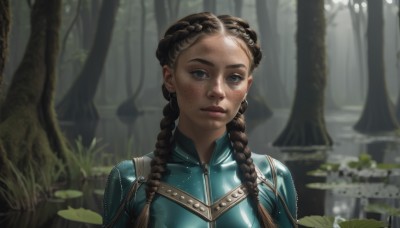 1girl,solo,long hair,looking at viewer,blue eyes,brown hair,black hair,jewelry,closed mouth,upper body,braid,earrings,outdoors,armor,blurry,twin braids,tree,lips,bodysuit,blurry background,nature,forest,freckles,realistic,nose,day,sunlight,thick eyebrows,forehead,zipper,dappled sunlight,lily pad