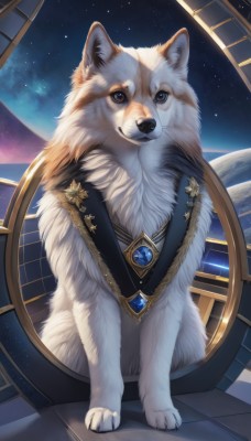 looking at viewer,brown eyes,jewelry,sitting,full body,sky,signature,no humans,animal,brooch,gem,star (sky),starry sky,dog,space,animal focus,planet,blue gemstone,solo,watermark,realistic,white fur