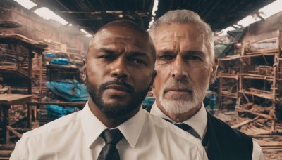 looking at viewer,short hair,shirt,closed mouth,white shirt,upper body,white hair,grey hair,male focus,multiple boys,necktie,collared shirt,indoors,dark skin,2boys,vest,facial hair,dark-skinned male,black necktie,beard,black vest,realistic,mustache,bald,manly,old,old man,photo background,wrinkled skin,black hair,one eye closed,black eyes,scar,formal,scar on face,very short hair,buzz cut