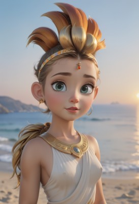 1girl,solo,long hair,breasts,looking at viewer,blush,smile,blonde hair,brown hair,hair ornament,dress,bare shoulders,jewelry,green eyes,collarbone,upper body,ponytail,multicolored hair,hairband,earrings,small breasts,outdoors,parted lips,sky,teeth,sleeveless,day,artist name,water,necklace,white dress,blurry,covered nipples,two-tone hair,lips,see-through,bare arms,no bra,depth of field,blurry background,ocean,beach,backlighting,freckles,sunset,circlet,hoop earrings,sand,blue eyes,blue sky,eyelashes,sunrise