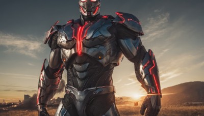 solo,red eyes,1boy,male focus,outdoors,sky,cloud,armor,glowing,glowing eyes,science fiction,sunset,mountain,sun,alien,mountainous horizon,power armor,sunrise,tokusatsu,upper body,helmet,scenery