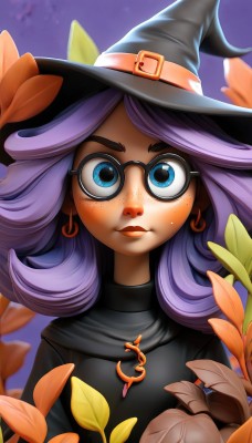 1girl,solo,long hair,looking at viewer,blush,bangs,blue eyes,hat,dress,jewelry,closed mouth,upper body,purple hair,flower,earrings,glasses,belt,artist name,necklace,black dress,lips,eyelashes,black headwear,makeup,witch hat,leaf,thick eyebrows,lipstick,crescent,halloween,freckles,black-framed eyewear,hoop earrings,wide-eyed,nose,round eyewear,witch