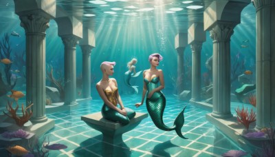 breasts,smile,short hair,multiple girls,large breasts,2girls,cleavage,bare shoulders,jewelry,medium breasts,sitting,swimsuit,pink hair,purple hair,earrings,water,strapless,sunlight,monster girl,fish,bubble,light rays,underwater,tiles,air bubble,mermaid,sunbeam,tile floor,ruins,shell,pillar,starfish,caustics,coral,column,shell bikini,seaweed,1girl,navel,bald,statue,jellyfish