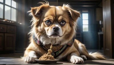 HQ,solo,looking at viewer,brown eyes,jewelry,food,indoors,blurry,collar,no humans,window,animal,bowl,dog,realistic,door,animal focus,day,necklace,blurry background,watermark,table,sunlight,plate,brown fur