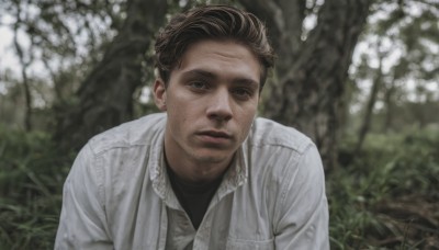 solo,looking at viewer,short hair,brown hair,shirt,1boy,brown eyes,closed mouth,jacket,white shirt,upper body,male focus,outdoors,parted lips,blurry,black eyes,blurry background,facial hair,grass,nature,realistic,stubble,photo background,black hair,flower,day,tree,lips,black shirt,depth of field,white jacket,portrait,undershirt