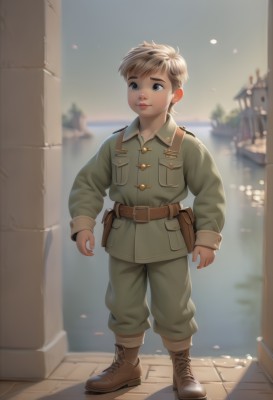 solo,smile,short hair,blue eyes,blonde hair,brown hair,long sleeves,1boy,closed mouth,standing,jacket,full body,male focus,boots,outdoors,day,belt,pants,water,blurry,uniform,lips,military,military uniform,blurry background,brown footwear,building,child,pocket,pouch,green jacket,realistic,brown belt,male child,green pants,soldier,shadow