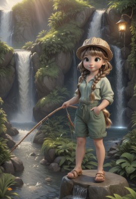 1girl,solo,long hair,looking at viewer,smile,bangs,brown hair,shirt,hat,holding,twintails,brown eyes,closed mouth,standing,full body,braid,outdoors,shorts,day,collared shirt,water,black eyes,twin braids,tree,toes,brown footwear,sandals,sunlight,plant,nature,scenery,hair over shoulder,sleeves rolled up,hand in pocket,light rays,lantern,rock,hands in pockets,green shirt,straw hat,light,lamp,sunbeam,green shorts,river,waterfall,fishing rod,fishing,stream,holding fishing rod,fishing line,lips,suspenders,freckles