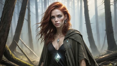 HQ,1girl,solo,long hair,breasts,looking at viewer,blue eyes,brown hair,dress,cleavage,jewelry,medium breasts,collarbone,upper body,red hair,earrings,outdoors,parted lips,necklace,cape,tree,lips,torn clothes,scar,gem,nature,cloak,pendant,forest,freckles,crystal,realistic,nose,dirty,orange hair,mole,black dress,plant,messy hair,bare tree