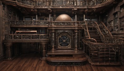 indoors,book,no humans,window,scenery,wooden floor,stairs,fantasy,door,railing,clock,bookshelf,gears,library,globe,roman numeral