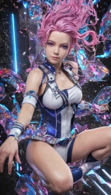 1girl,solo,long hair,breasts,looking at viewer,blue eyes,large breasts,cleavage,jewelry,medium breasts,purple eyes,pink hair,earrings,boots,barefoot,belt,necklace,bracelet,leotard,lips,makeup,floating hair,wristband,science fiction,crystal,one knee,bare shoulders,closed mouth,thighs,shorts,sleeveless,socks,pink eyes,armband,forehead,armlet,zipper,realistic,nose