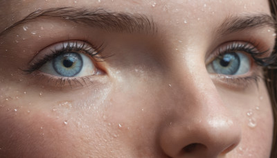 1girl, solo, looking at viewer, blue eyes, brown hair, sweat, eyelashes, close-up, realistic, eye focus