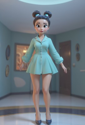 1girl,solo,looking at viewer,blush,smile,short hair,skirt,black hair,hair ornament,long sleeves,dress,brown eyes,closed mouth,standing,full body,shoes,puffy sleeves,indoors,dark skin,hair bun,black footwear,blurry,black eyes,dark-skinned female,lips,bare legs,double bun,buttons,blurry background,blue dress,short dress,child,door,female child,aqua skirt,aqua dress,breasts,brown hair