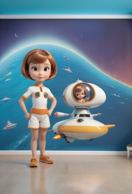 1girl,solo,looking at viewer,smile,short hair,blue eyes,brown hair,brown eyes,standing,short sleeves,hairband,shoes,shorts,water,lips,ocean,moon,sneakers,child,star (sky),reflection,science fiction,hands on hips,white shorts,realistic,aircraft,female child,airplane,space,planet,earth (planet),spacecraft,orange footwear,spacesuit,watercraft,crescent moon,ship,boat