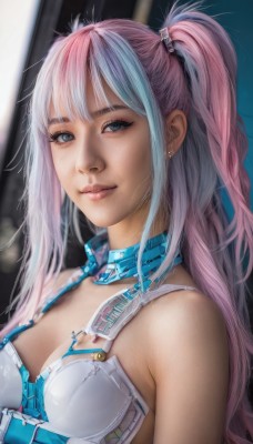 1girl,solo,long hair,breasts,looking at viewer,smile,bangs,blue eyes,cleavage,bare shoulders,twintails,jewelry,medium breasts,underwear,blue hair,upper body,pink hair,multicolored hair,earrings,parted lips,bra,blurry,two-tone hair,two side up,lips,grey eyes,makeup,realistic,nose,small breasts,choker,artist name,eyelashes,science fiction