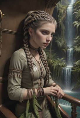 1girl,solo,long hair,breasts,blue eyes,brown hair,long sleeves,jewelry,medium breasts,sitting,braid,earrings,parted lips,choker,water,necklace,hair bun,twin braids,bracelet,lips,fingernails,eyelashes,leaf,chair,looking away,plant,hair over shoulder,freckles,realistic,nose,looking afar,hair pulled back,pillar,waterfall,multiple braids,blonde hair,dress,closed mouth,grey hair,small breasts,artist name,signature,gem,pendant,pink lips,red lips,crown braid