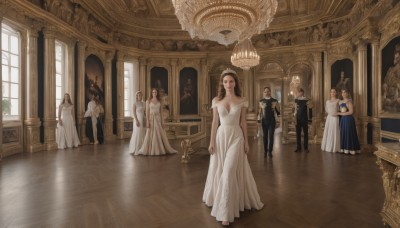 long hair,breasts,short hair,multiple girls,blonde hair,brown hair,dress,cleavage,bare shoulders,standing,multiple boys,indoors,white dress,window,6+girls,formal,suit,6+boys,stairs,wedding dress,statue,ceiling,wedding,church,gown,chandelier,reflection,mirror,realistic,tuxedo,candlestand