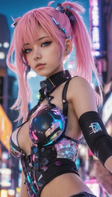 1girl,solo,long hair,breasts,looking at viewer,bangs,blue eyes,hair ornament,navel,cleavage,bare shoulders,twintails,jewelry,medium breasts,upper body,pink hair,earrings,outdoors,parted lips,midriff,blurry,lips,blurry background,piercing,ear piercing,science fiction,realistic,ponytail,detached sleeves,sky,artist name,signature,from side,leotard,eyelashes,makeup,night,depth of field,building,eyeshadow,city,cyberpunk,neon lights