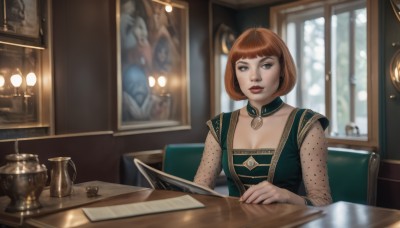 1girl,solo,breasts,looking at viewer,short hair,bangs,brown hair,long sleeves,dress,cleavage,brown eyes,jewelry,medium breasts,sitting,upper body,choker,indoors,blunt bangs,blurry,cup,lips,window,makeup,detached collar,depth of field,chair,table,bob cut,lipstick,green dress,realistic,red lips,lamp,blue eyes,parted lips,see-through,freckles,painting (object),portrait (object)