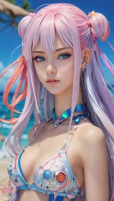 1girl,solo,long hair,breasts,looking at viewer,bangs,blue eyes,hair ornament,cleavage,bare shoulders,jewelry,medium breasts,collarbone,swimsuit,upper body,pink hair,bikini,multicolored hair,earrings,small breasts,outdoors,parted lips,sky,choker,day,hair bun,blurry,tree,blue sky,lips,eyelashes,double bun,depth of field,blurry background,beach,blue bikini,realistic,nose,palm tree,closed mouth,underwear,sidelocks,artist name,water,necklace,bra,makeup,ocean,piercing,ear piercing,pink lips,mascara