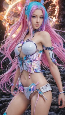 1girl,solo,long hair,breasts,looking at viewer,smile,bangs,blue eyes,hair ornament,thighhighs,navel,cleavage,bare shoulders,jewelry,medium breasts,very long hair,underwear,blue hair,standing,purple eyes,panties,pink hair,multicolored hair,cowboy shot,choker,midriff,bracelet,two-tone hair,lips,parted bangs,makeup,garter straps,armlet,realistic,bustier,swimsuit,bikini,pink eyes,watermark