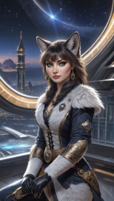 1girl,solo,long hair,breasts,looking at viewer,bangs,brown hair,black hair,gloves,long sleeves,animal ears,cleavage,brown eyes,jewelry,medium breasts,weapon,earrings,sky,black gloves,sword,artist name,cat ears,necklace,lips,coat,animal ear fluff,fur trim,makeup,night,star (sky),night sky,pendant,starry sky,hoop earrings,red lips,outdoors,medium hair,wolf ears,realistic,nose