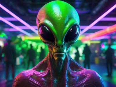 solo,looking at viewer,1boy,upper body,male focus,shiny,blurry,bodysuit,blurry background,colored skin,portrait,1other,science fiction,shiny clothes,realistic,alien,solo focus,helmet,facing viewer,crowd,neon lights