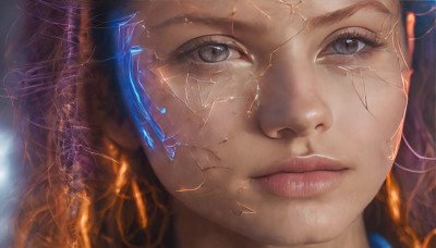 1girl,solo,long hair,looking at viewer,blue eyes,brown hair,closed mouth,multicolored hair,blurry,lips,grey eyes,eyelashes,portrait,close-up,reflection,science fiction,realistic,nose,orange hair,freckles,electricity,cracked skin