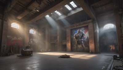 solo,1boy,standing,weapon,male focus,multiple boys,indoors,armor,gun,window,sunlight,helmet,robot,scenery,light rays,realistic,sunbeam,hallway,barrel,gloves,holding,boots,holding weapon,rifle,science fiction,light,soldier,broken glass,graffiti,body armor