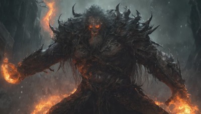 solo,long hair,open mouth,red eyes,1boy,holding,standing,weapon,male focus,cowboy shot,outdoors,horns,teeth,sword,holding weapon,armor,orange eyes,glowing,holding sword,fire,sharp teeth,shoulder armor,glowing eyes,spikes,pauldrons,monster,breastplate,full armor,embers,looking at viewer,facial hair,chain,gauntlets,beard,skull,demon