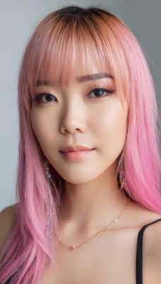 1girl,solo,long hair,breasts,looking at viewer,smile,bangs,blue eyes,simple background,cleavage,jewelry,closed mouth,collarbone,upper body,pink hair,multicolored hair,earrings,blunt bangs,grey background,necklace,black eyes,two-tone hair,lips,eyelashes,gradient hair,makeup,thick eyebrows,portrait,eyeshadow,realistic,nose,brown hair