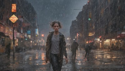 1girl,looking at viewer,short hair,shirt,black hair,long sleeves,jewelry,closed mouth,standing,jacket,white shirt,male focus,earrings,outdoors,multiple boys,open clothes,sky,solo focus,pants,necklace,bag,open jacket,black jacket,wet,night,black pants,backpack,ground vehicle,building,wet clothes,motor vehicle,walking,rain,city,sign,realistic,arms at sides,car,road,leather,lamppost,street,road sign,leather jacket,people,1boy,collarbone,facial hair,umbrella,sunglasses,denim,wind,scenery,brown jacket,jeans,wet shirt,wet hair,multiple others,crowd,traffic light,neon lights,crosswalk