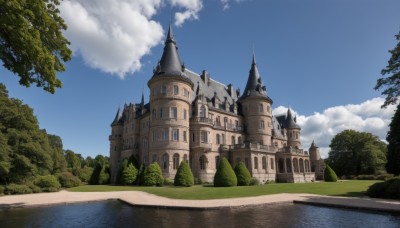 outdoors,sky,day,cloud,tree,blue sky,no humans,cloudy sky,grass,building,nature,scenery,forest,road,bush,river,castle,tower,path,water,fantasy,lake,arch