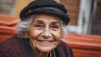 1girl,solo,looking at viewer,smile,short hair,hat,white hair,grey hair,teeth,grin,blurry,lips,black headwear,makeup,depth of field,blurry background,parody,portrait,meme,realistic,old,old man,old woman,wrinkled skin,brown eyes,half-closed eyes,lipstick