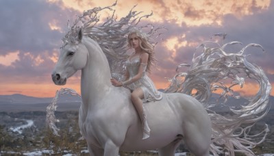 1girl,solo,long hair,breasts,open mouth,blue eyes,blonde hair,hair ornament,dress,bare shoulders,jewelry,medium breasts,sitting,outdoors,sky,barefoot,cloud,water,white dress,tree,lips,strapless,animal,cloudy sky,nature,scenery,snow,armlet,mountain,realistic,fantasy,riding,horse,horseback riding,cleavage,flower,parted lips,artist name,high heels,bracelet,floating hair,watermark,web address,sunset